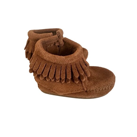 Minnetonka Brown Fringe Suede Baby Booties Size 3 Moccasins Western Style - Picture 7 of 11
